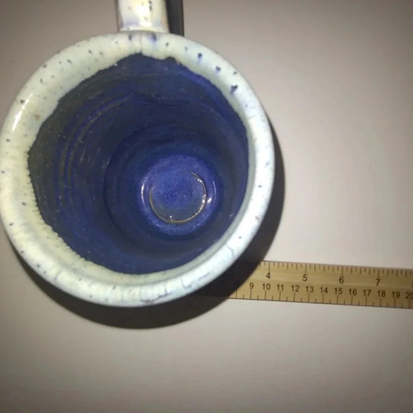 Handmade pottery Blue & Yellow coffee/tea mug, big handle 4 3/4" height - Picture 2 of 4
